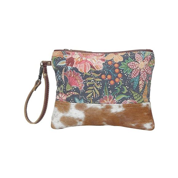 Western Upcycled Pouch Bag - Canvas Hair On Leather Wristlet c: - Picture 1 of 6